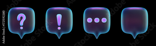 3D square neon chat bubbles set with question mark, exclamation mark, typing dots and empty template isolated on dark background for futuristic communication design