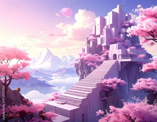 Pink Floral Floating Cityscape with Mountain View.