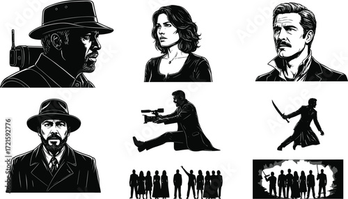 Film noir style silhouettes, detective characters, action hero, dramatic cinematic figures, vintage movie scene, mystery crime story illustration, Hollywood inspiration