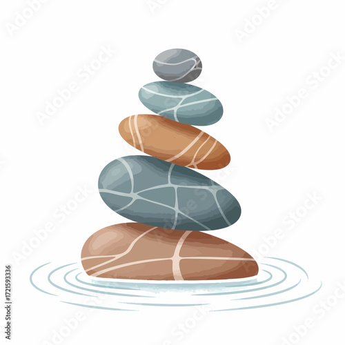 Artfully balanced stack of smooth river stones on a tranquil water surface, symbolizing calm and meditation
