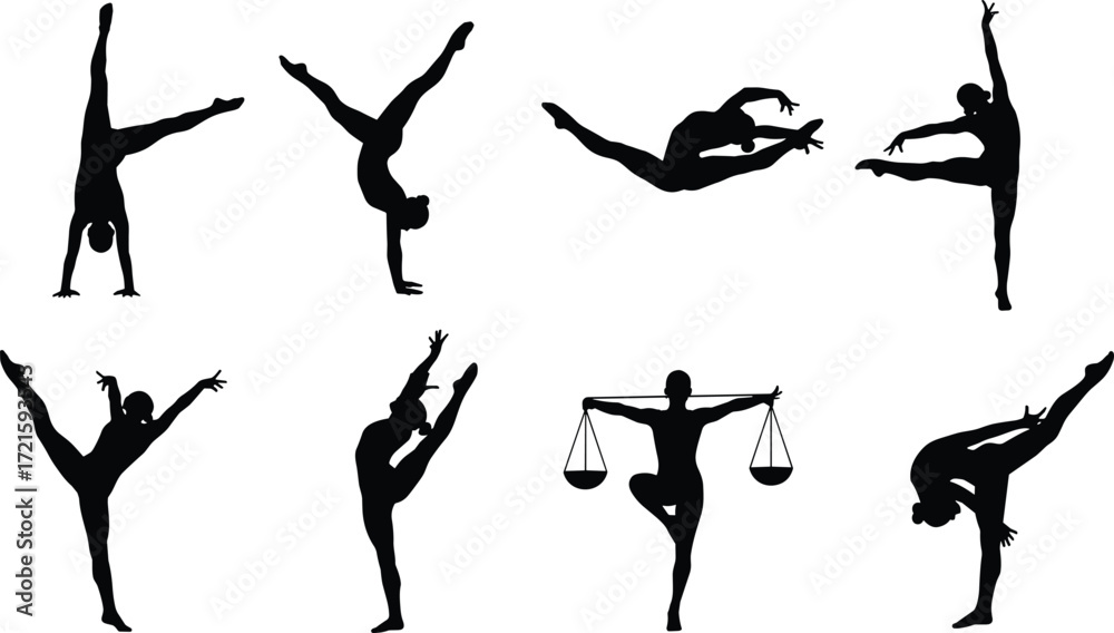 Fototapeta premium Gymnast and dancer silhouettes performing acrobatics, balance, flexibility, handstand, split, artistic gymnastics, yoga poses, fitness training illustration vector