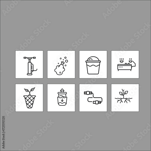 Hydroponics and Indoor Gardening Icon Set – Tools, Plants, and Equipment