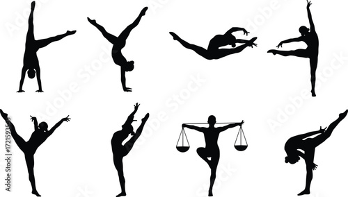 Gymnast and dancer silhouettes performing acrobatics, balance, flexibility, handstand, split, artistic gymnastics, yoga poses, fitness training illustration vector
