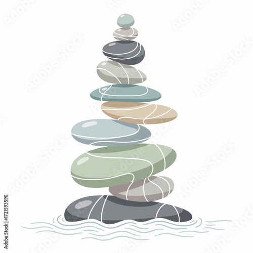Zen balance and harmony illustrated by stacked stones on water