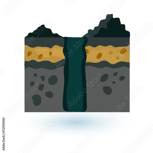 Abstract geological diagram of earth layers with a deep vertical excavation or mine shaft