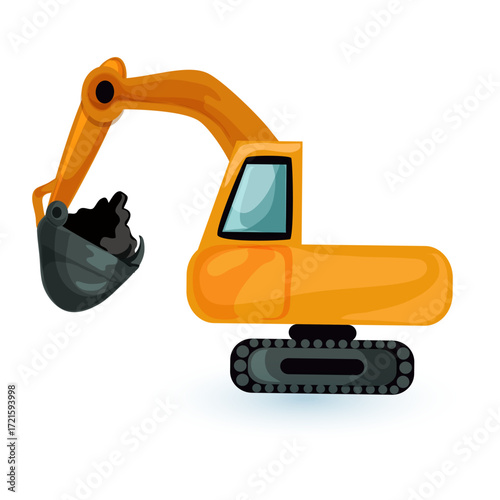 Cartoon Illustration of an Orange Excavator with a Bucket Full of Coal