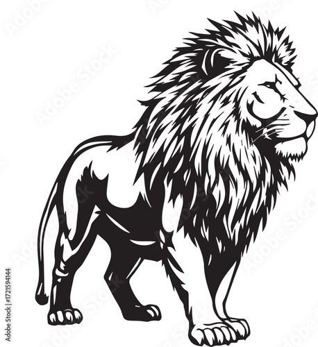 Black and white standing lion vector illustration with detailed mane and powerful muscular body design