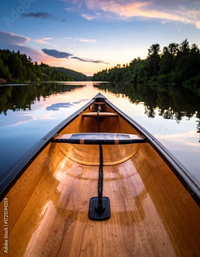 Canoe on serene lake at sunset