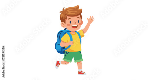 Excited Cartoon Boy Waving Goodbye with Backpack, Ready for School or an Adventure