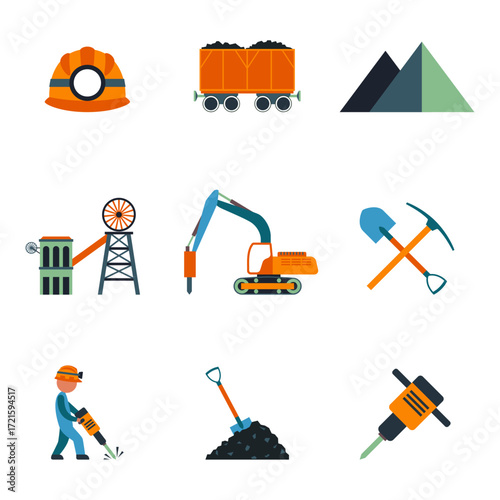Mining Industry Icons Illustrations of Tools, Machinery, and Equipment
