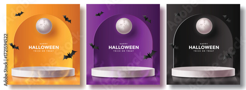 Festive Halloween poster set with moonlight, bats, and bright holiday backgrounds in black, purple, and orange. Perfect seasonal clipart for greetings, autumn parties, and October events.