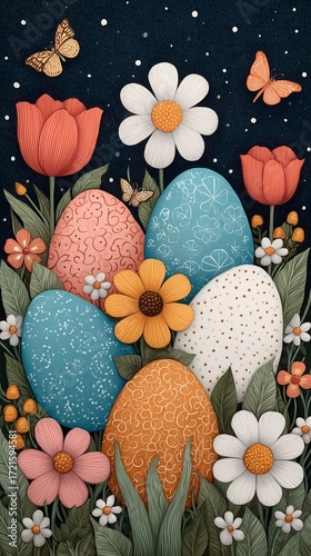 Playful Easter Bunny and Colorful Eggs Scene – Whimsical Spring  with Decorated Easter Eggs and Flowers  perfect for seasonal campaigns, spring promotions, and holiday products