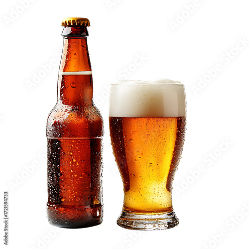 Cold beer bottle with glass and foam isolated on transparent background