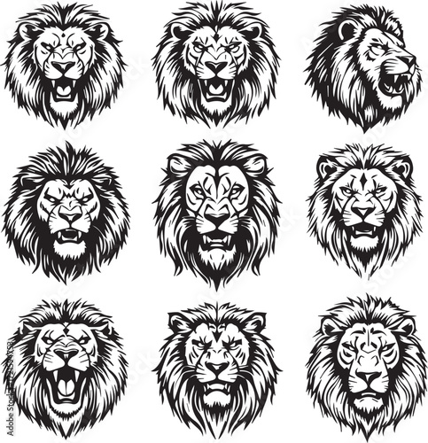 Black and white lion head vector set with roaring calm expressive faces and detailed mane illustrations