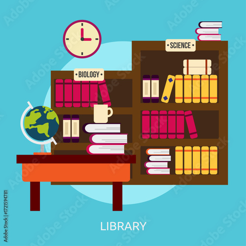 Organized Library Books, Globe, and Study Space