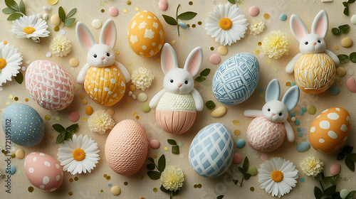 Intricate decorations of vibrantly colored Easter eggs and bunnies are spread across a beige surface surrounded by daisies and confetti.
