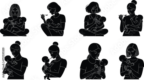 Mother feeding baby silhouette, mom with newborn child, infant nutrition, family love, parenting care, motherhood design, childcare illustration, maternal bond