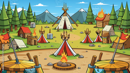 Cartoon medieval war camp with tents and campfire scene in forest mountains vector