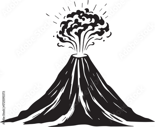 Black and white vector illustration of erupting volcano with smoke ash and lava in dynamic graphic style