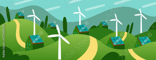 Renewable Energy Landscape with Wind Turbines and Solar Panels. Eco-Friendly Village and Sustainability Concept. Vector Banner.