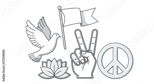 Promote peace with this stunning line art featuring a dove, peace sign, flag, hand gesture, and lotus flower for your next design project