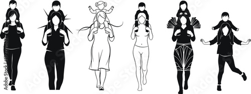 Mother silhouettes carrying children on shoulders, family bonding, parent love, childhood happiness, mother daughter, mother son, parenting together, family illustration
