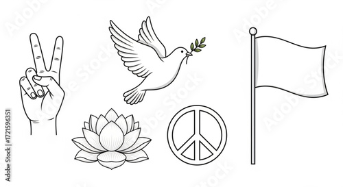 Promote peace and unity with a collection of peace symbols including a dove, lotus, peace sign, peace sign hand, and flag, ideal for illustrations
