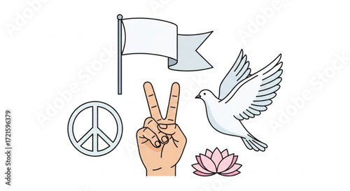 Promote global harmony with this artistic peace symbol collection featuring a dove, lotus, peace sign, flag and victory hand gesture