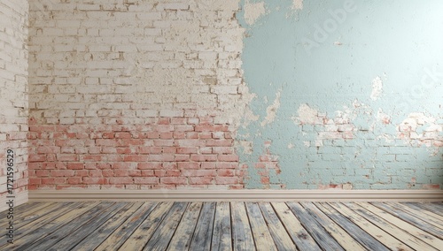 Distressed brick wall, partially painted, pale pink and teal, meets aged wooden floor in empty room corner