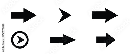 Various black arrow icons are displayed on a white background. There are five distinct arrow designs: three solid arrows pointing right, a smaller triangular arrow, and another enclosed in a circle. 