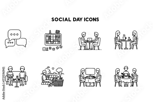 Social Day Outline Icon Set – Chatting, Board Games, Coffee Meetup, Movie Watching, Picnic, Family Time – Vector Line Icons for Leisure, Relaxation, and Social Activities