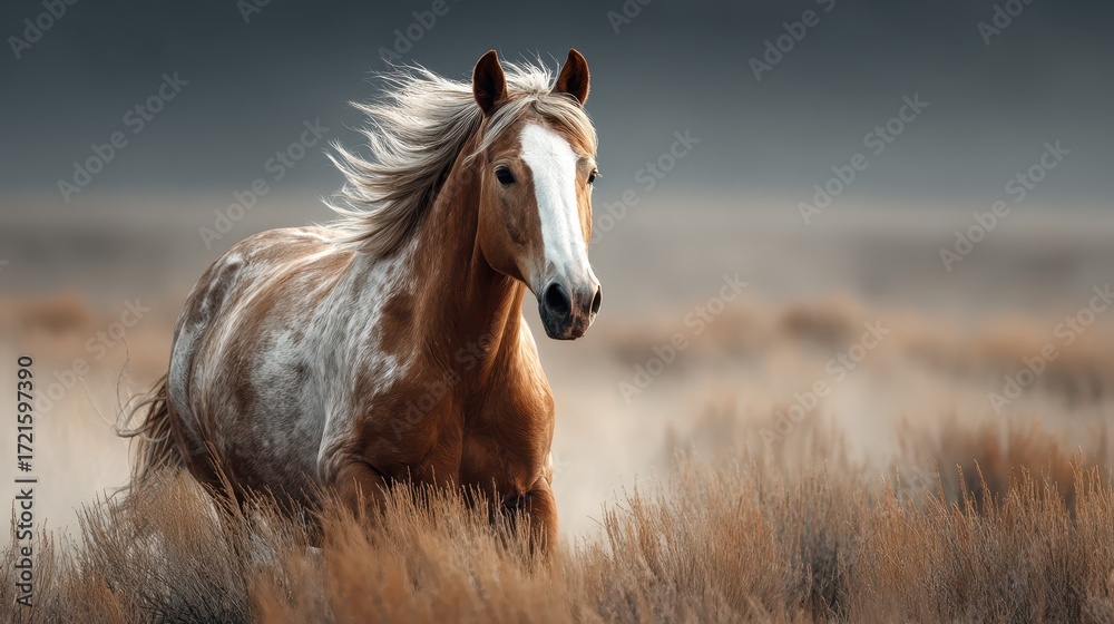 Obraz premium Majestic horse galloping through golden grasses in a serene landscape at dusk