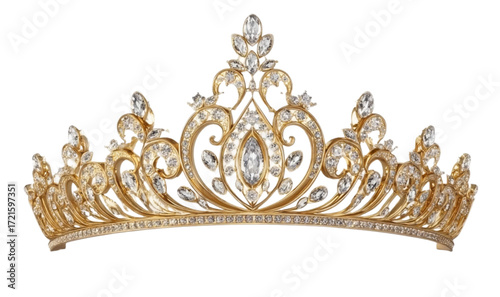 a realistic illustration of an elegant gold tiara with intricate designs and diamonds, set against a white background