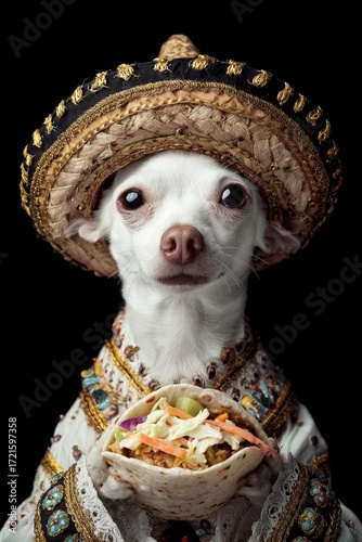 Dog in sombrero holding taco
