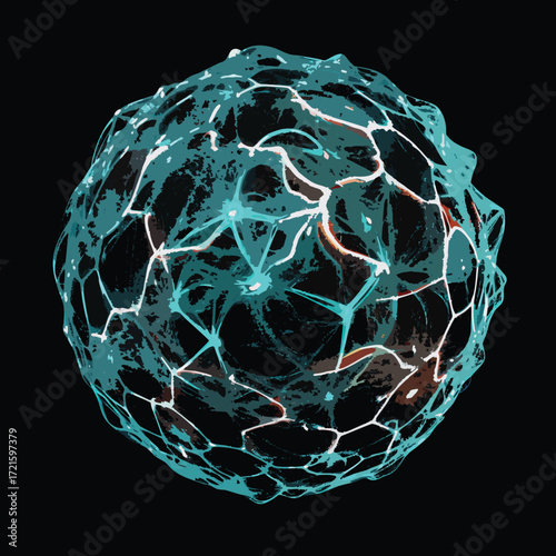 Abstract Spherical Object With Teal And White Network Structure On Black background blue