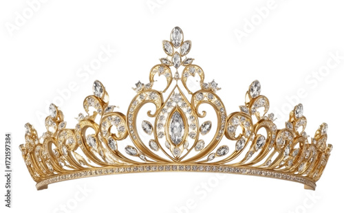 a realistic illustration of an elegant gold tiara with intricate designs and diamonds, set against a white background