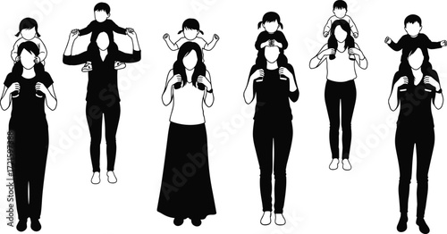 Mother silhouettes carrying children on shoulders, family bonding, parenting love, kids riding on mom, happy childhood moments, parent child relationship illustration