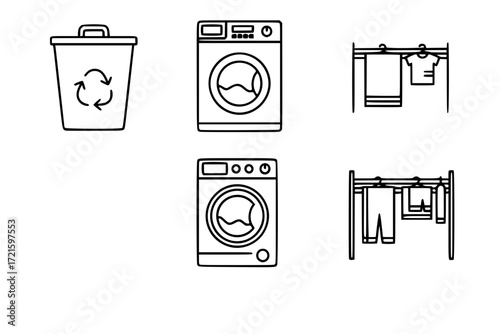 Laundry Workflow Outline Icons – Sorting Bin, Washer, Dryer, Drying Rack – Minimal Vector Line Set