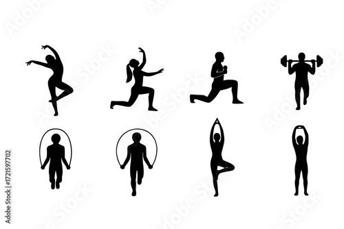 Dance and Fitness Silhouette Icons Set – Solid Filled Exercise and Workout Symbols – Vector Icons for Health, Gym, Aerobics, Yoga, and Active Lifestyle Designs