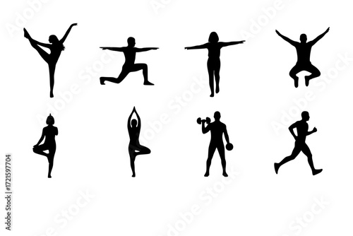 Dance and Fitness Silhouette Icons Set – Solid Filled Exercise and Workout Symbols – Vector Icons for Health, Gym, Aerobics, Yoga, and Active Lifestyle Designs