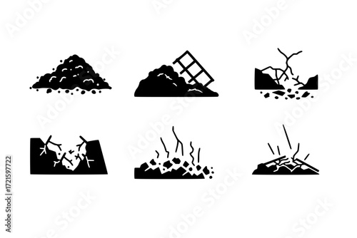 Aftermath in Icons. Flat vector mini-illustrations aftermath of collapse . rubble pile, broken
