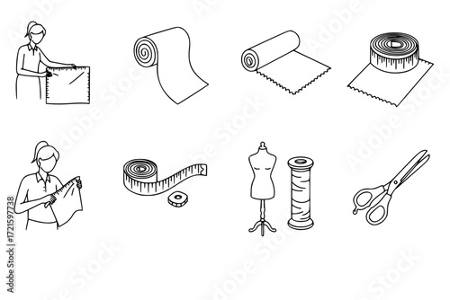Fashion Designer Outline Icons – Measuring Fabric with Fabric Roll, Measuring Tape, Mannequin, Scissors – Vector Line Icon Set for Tailoring, Sewing, and Design Workflows