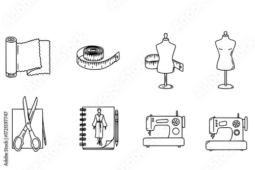 Fashion Designer Outline Icons – Measuring Fabric with Fabric Roll, Measuring Tape, Mannequin, Scissors – Vector Line Icon Set for Tailoring, Sewing, and Design Workflows