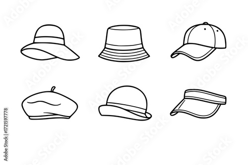 Fashion Hat Outline Icons – Sun Hat, Bucket Hat, Baseball Cap, Beret, Cloche Hat, Visor – Vector Line Icon Set for Headwear, Accessories, and Style Collections