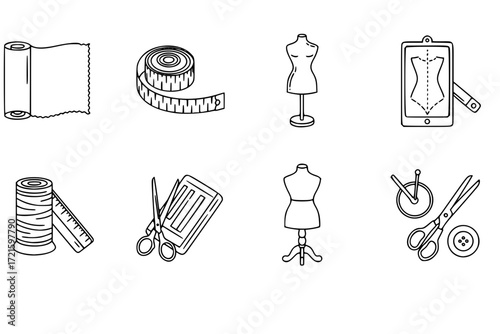 Fashion Designer Outline Icons – Measuring Fabric with Fabric Roll, Measuring Tape, Mannequin, Scissors – Vector Line Icon Set for Tailoring, Sewing, and Design Workflows