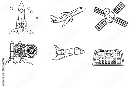 Aerospace Engineering Outline Icon Set – Rocket, Airplane, Satellite, Jet Engine, Space Shuttle, Control Panel – Vector Line Icons for Aviation, Space, and Technology Designs