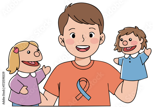 A young boy playfully engages with two puppets, demonstrating a therapeutic play process. Warm colors and a supportive atmosphere create a comforting scene.