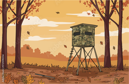 A camouflage hunting blind stands in a vibrant autumn forest. Fallen leaves scatter the ground, creating a warm, inviting scene. Perfect for nature, outdoors, or hunting themes.