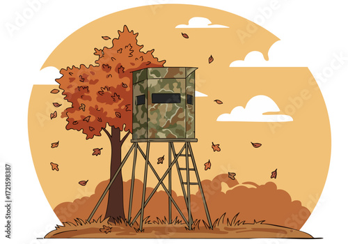 A camouflage hunting blind stands amidst autumn foliage, creating a secluded outdoor scene. Perfect for nature, hunting, or wilderness themes.