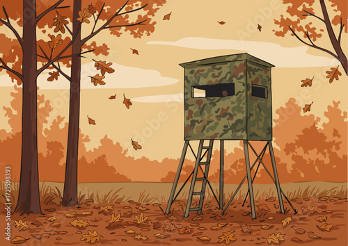 A camouflage hunting blind stands in a vibrant autumn forest. Falling leaves create a picturesque backdrop. Ideal for nature, outdoors, and hunting themes.